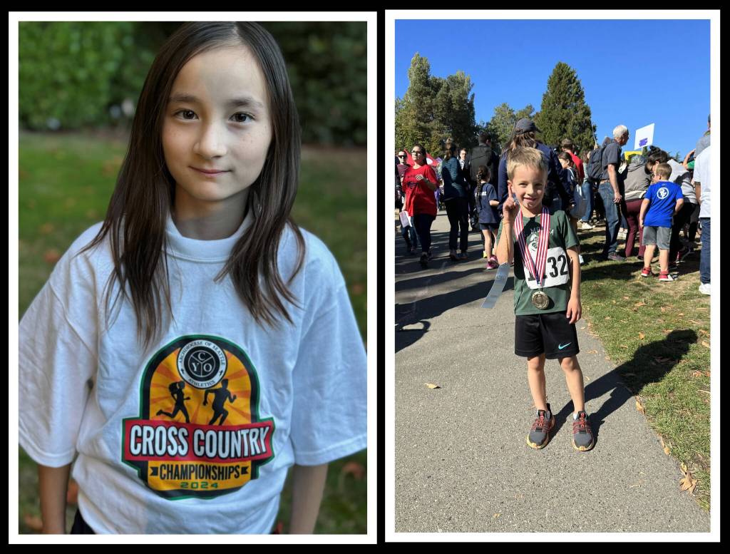 St. Monica Catholic Schools fourth-grader Lily Augustine (left) notched first place in the girls 1.1-mile race with a time of 7:35.15 at the Catholic Youth Organization cross country championships on Oct. 6 at Woodland Park in Seattle. Also for St. Monica of Mercer Island, kindergartner Michael Buhrmann (right) placed second in the boys 0.4-miler in 3:13.73; fourth-grader James Donaldson took ninth in the boys 1.1-miler in 7:48.35; kindergartner Myra Yau placed 10th in the girls 0.4-miler in 3:43.62; and sixth-grader Navid Nygaard took 20th in the boys 1.25-miler in 9:02.12. Courtesy photos