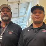 From left, Mercer Island High School football defensive coordinator Mo Drayton and offensive coordinator Christian Chambers. Andy Nystrom/ staff photo