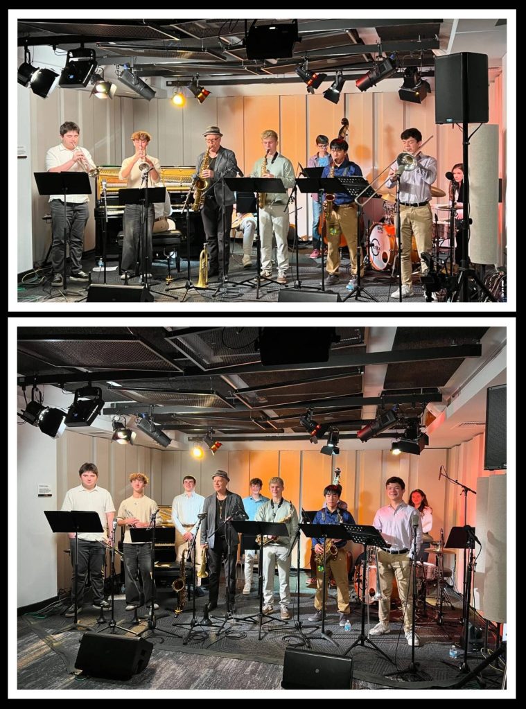 Mercer Island High Schools jazz band performed with local jazz icon Jay Thomas on Nov. 14 live on KNKX Public Radio. The Islanders are Oliver Lee (trombone), Denis Batalov (alto sax), Tristan Chan (alto sax), Elliott Yaroslavsky (trumpet), Max Janes (trumpet), Alanna Larson (drums), Tristan Jay (guitar), Jascha Silberstein (piano) and Dino Hajdarpasic (bass). Photos courtesy of the Mercer Island School District