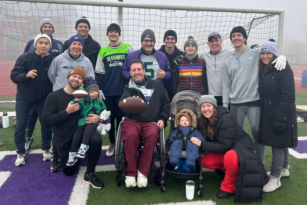 A bevy of Mercer Islanders participated in the 37th Annual Turkey Bowl football game on Thanksgiving morning at Garfield High School. Pictured are players and spectators: Michael Schiller, Dawn Schiller, Marcus Schiller, David Schiller, Mia Blake, Max Blake, Josh Niehaus, Karli Niehaus, Jaylan Niehaus, Shaya Niehaus, Danny Brawer and Norman Wu. Other participants included Curtis Knopf (who was inducted into the Turkey Bowl Hall of Fame), Eli Knopf, Rich Strauss, Ashley Kinghorn and Zachary Potthoff (who won this years MVP Award). Courtesy photo