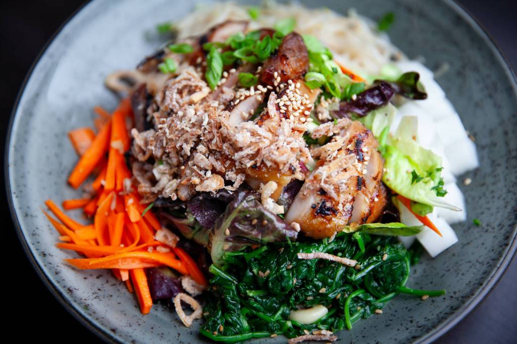KBBQ Chicken Bowl  grilled boneless chicken, kalbi marinade, rice and Korean vegetables. Photo courtesy of Jason Farrish