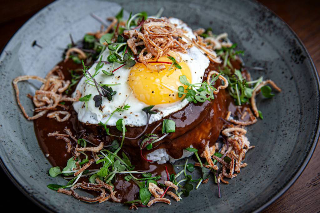 Loco Moco  a classic Hawaiian dish made with Crawlburger patty, rice, egg and brown gravy. Photo courtesy of Jason Farrish