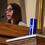 Amy Lavin, CEO of the Stroum Jewish Community Center on Mercer Island, speaks at the October 7: One Year Later commemoration at the Temple De Hirsch Sinai in Seattle. Andy Nystrom/ staff photo