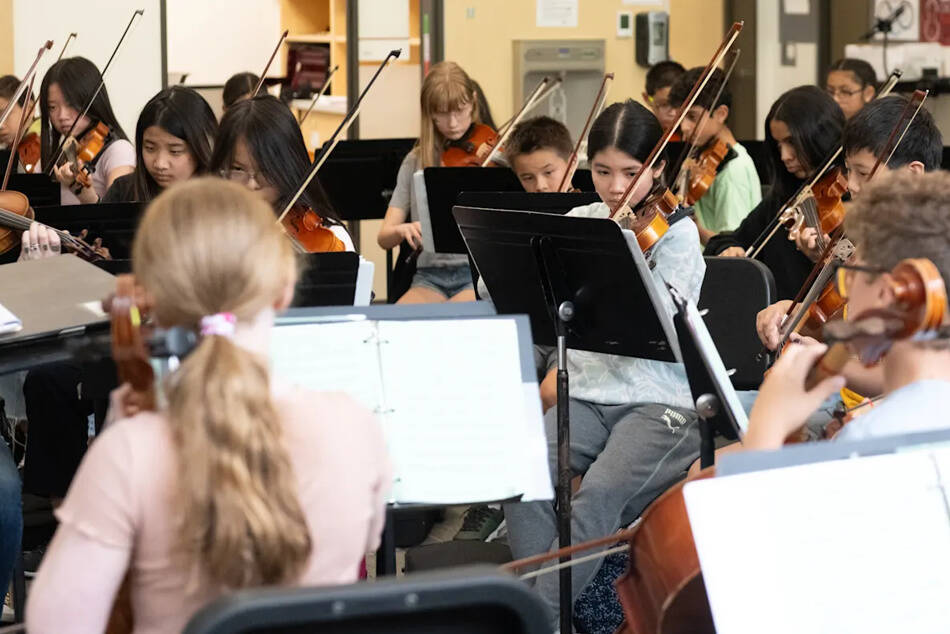Islander Middle Schools seventh- and eighth-grade orchestras have been chosen to be a Concert Hour Exemplary Honor Group for the 2025 National Association for Music Educations (NAfME) All-NW Conference to be held in Spokane from Feb. 13-16. The two orchestras will combine to perform at the conference at 2 p.m. on Feb. 15. Islander Middle School was one of only two middle school orchestras in the Northwest Region selected for the honor of performing at the conference. The seventh-grade orchestra 1 is pictured. Photo courtesy of the Mercer Island School District