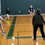 Ann Sekizaki, top left, knocks a pickleball over the net. Andy Nystrom/ staff photo