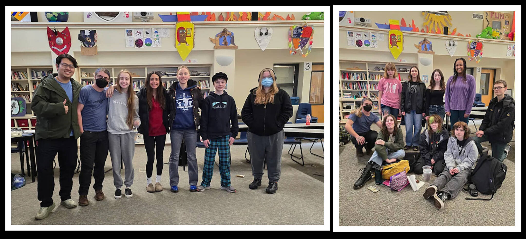 Left, Mercer Island High School Pegasus students Tiger Yang, Liam Chester, Ava Clarkson, Sophia Rodriguez, Layla Petricek, Finneas Dole and Kiah Weaver. Right, front row - Zoey Allen, Kinsey Radovich and Clove Fields. Back row - Liam Chester, Cordy Tangeman, Tessa Baumgarten, Zoe Bluming, Ruth Bayisa and Adam Langtree. Photos courtesy of the Mercer Island School District