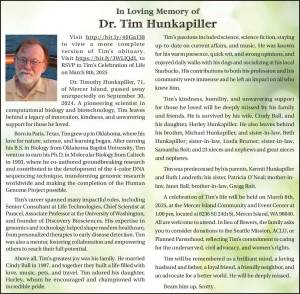 Dr. Tim Hunkapiller | Obituary