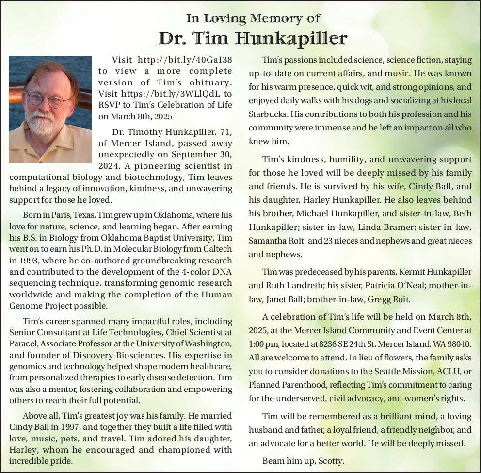 Dr. Tim Hunkapiller | Obituary