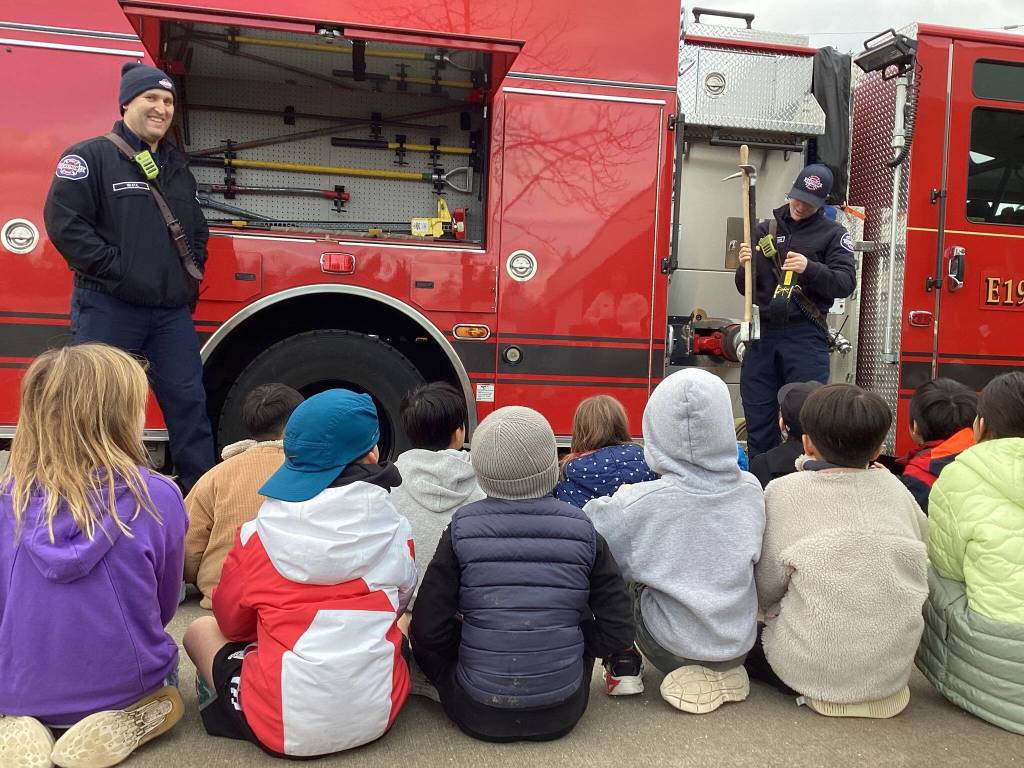 Eastside Fire & Rescue firefighters from Mercer Island visited Northwood Elementary School on Feb. 7 to teach second-grade students about safety and the important work that they do in the community. Photo courtesy of the Mercer Island School District