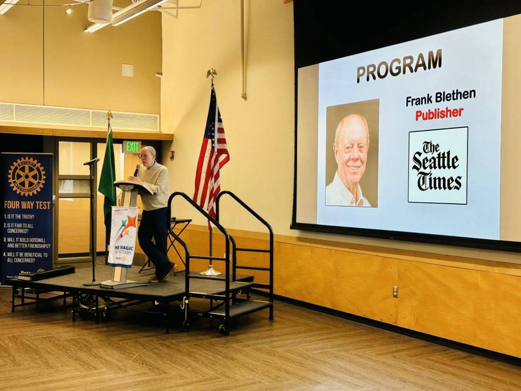 Frank Blethen, publisher of The Seattle Times, spoke at the Mercer Island Rotary Club meeting Feb. 18, 2025. (Photo courtesy of Greg Asimakoupoulos)