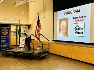 Frank Blethen, publisher of The Seattle Times, spoke at the Mercer Island Rotary Club meeting Feb. 18, 2025. (Photo courtesy of Greg Asimakoupoulos)