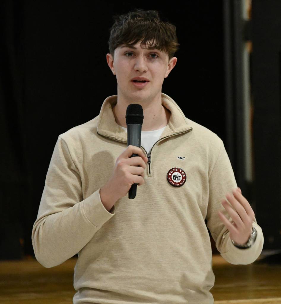 Mercer Island High School senior Connor Auld speaks following a school district bond information meeting for elementary families on Feb. 27 in the Island Park Elementary School gym. Andy Nystrom staff photo