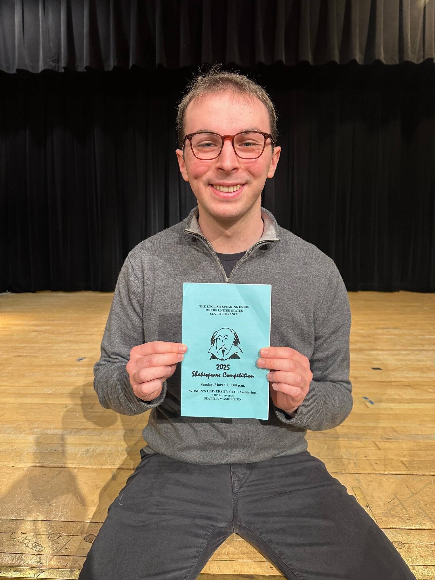 Mercer Island High School senior Kyle Gerstel took first place at the annual Shakespeare Competition in Seattle with a performance of Romeos balcony speech from Romeo and Juliet and sonnet 138. The English-Speaking Union (ESU) of the United States Seattle branchs event took place on March 2 at the Womens University Club. He will perform at the ESU National Shakespeare Competition at the end of April in New York City. Photo courtesy of the Mercer Island School District