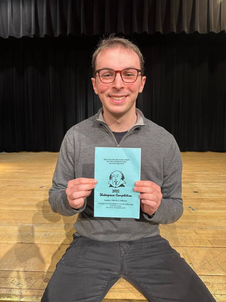 Mercer Island High School senior Kyle Gerstel took first place at the annual Shakespeare Competition in Seattle with a performance of Romeos balcony speech from Romeo and Juliet and sonnet 138. The English-Speaking Union (ESU) of the United States Seattle branchs event took place on March 2 at the Womens University Club. He will perform at the ESU National Shakespeare Competition at the end of April in New York City. Photo courtesy of the Mercer Island School District
