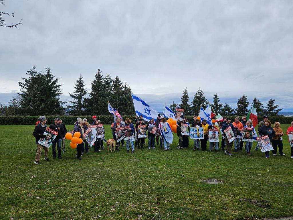 About 150 people attended a demonstration on Mercer Island on March 9 to call for the release of hostages still held by Hamas terrorists in Gaza. They gathered at Lid Park and then marched across the Interstate 90 bridge and back. Mercer Island Mayor Salim Nice spoke along with several others, including Solly Kane of the Jewish Federation of Seattle. Photos courtesy of John Hamer