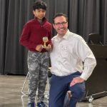 Adrit Pradeepkumar, Reflections Program Primary Music Composition winner, with Mercer Island School District Superintendent Fred Rundle. Pradeepkumar is the Outstanding Interpretation winner at the statewide level and is headed to nationals. He was one of numerous local winners. Photo courtesy of Julie Hsieh