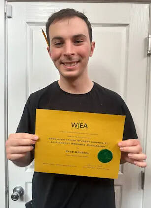 Mercer Island High School senior Kyle Gerstel received the Lu Flannery Outstanding Journalist Award from the Washington Journalism Education Association. The award  which includes a $2,000 scholarship  recognizes one Washington state senior who has made significant contributions to their journalism program. In the theater realm, Gerstel took first place at the annual Shakespeare Competition in Seattle with a performance of Romeos balcony speech from Romeo and Juliet and sonnet 138. The English-Speaking Union (ESU) of the United States Seattle branchs event took place on March 2 at the Womens University Club. He will perform at the ESU National Shakespeare Competition at the end of April in New York City. Photo courtesy of the Mercer Island School District