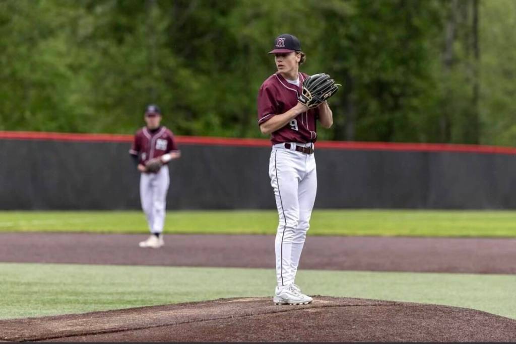 Mercer Island High School senior hurler Jack Buchan prepares to unleash a pitch. Photo courtesy of Bernard Mangold