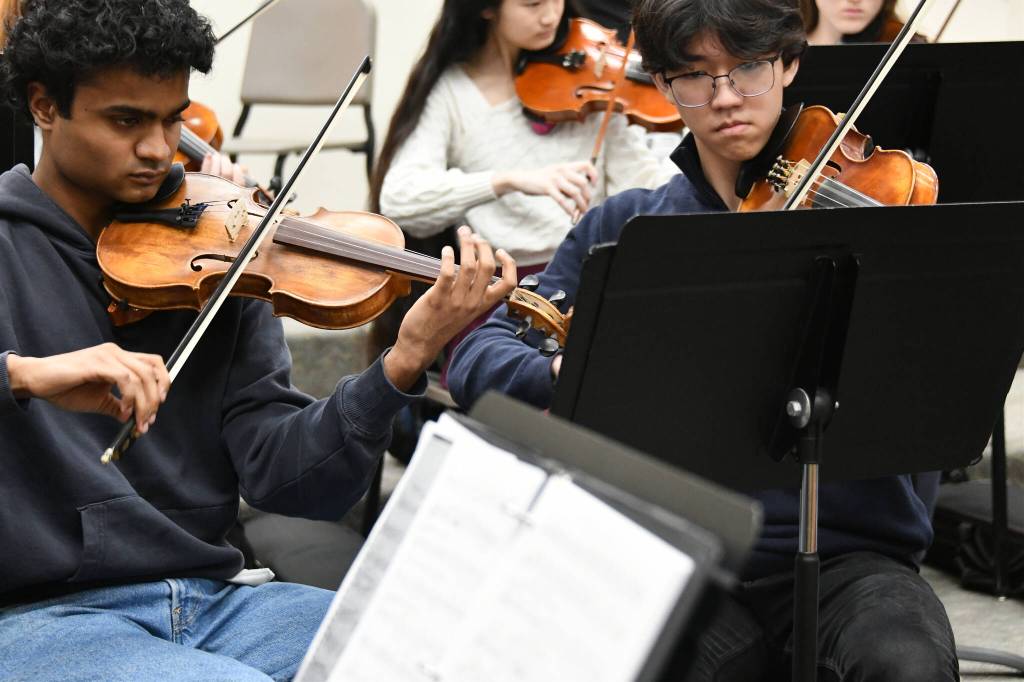 A pair of Mercer Island High School orchestra students focus on their performance. Andy Nystrom/ staff photo