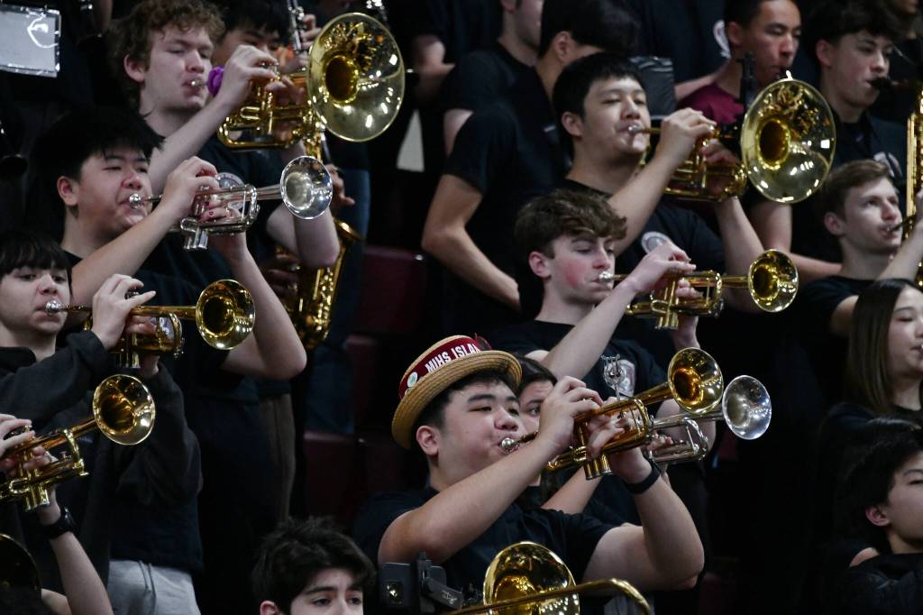 Members of the Mercer Island High School marching band perform on April 2. Andy Nystrom/ staff photo