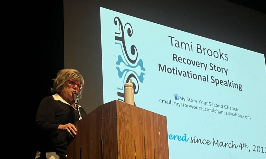 Sexual assault survivor Tami Brooks shares her story at the Mercer Island High School sexual assault awareness assembly on March 19. Photo courtesy of the Mercer Island School District