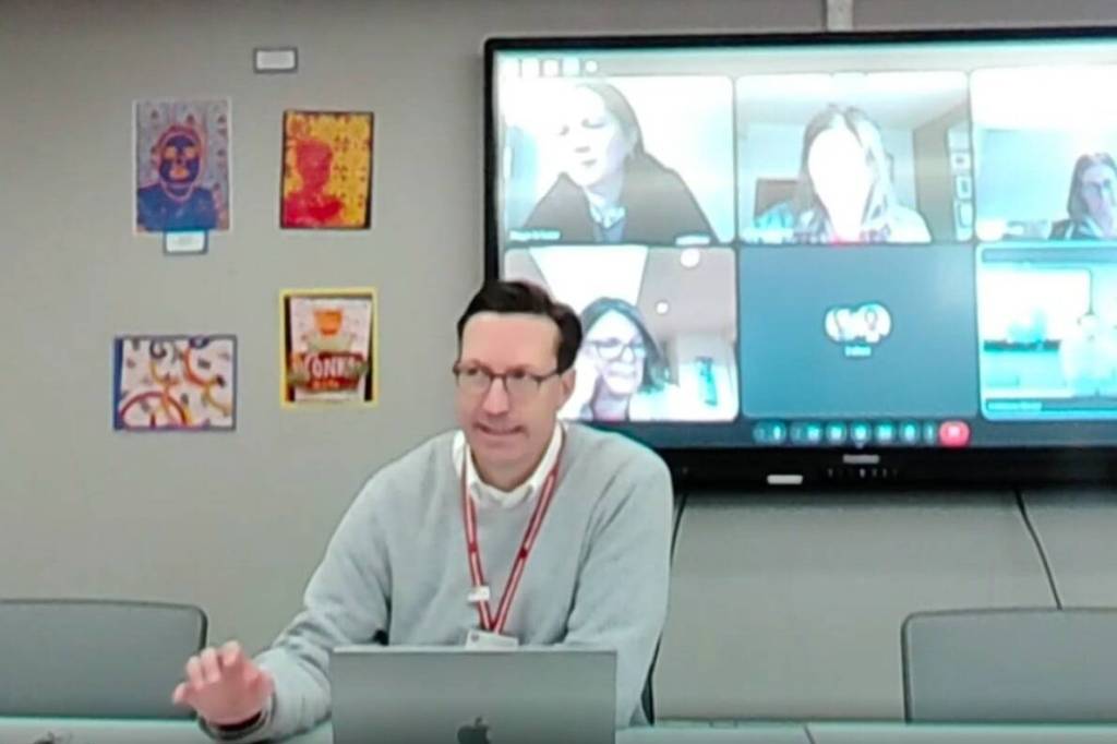 Superintendent Fred Rundle during the April 8 special meeting of the Mercer Island School Board. (Screenshot)