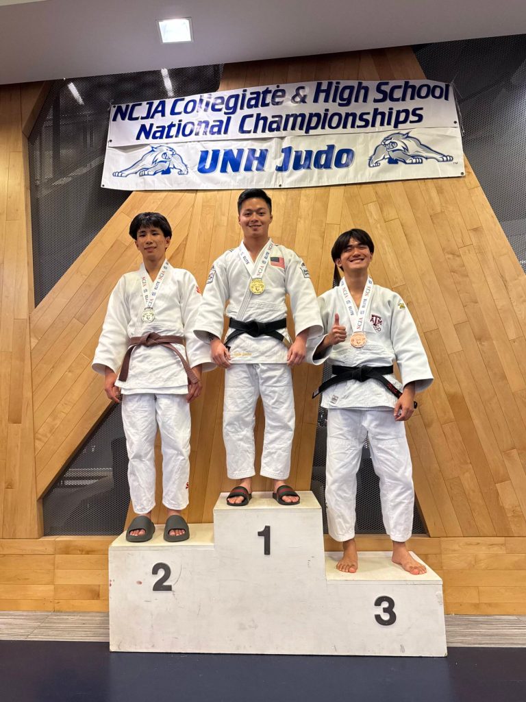 First-placer Tegan Yuasa of the University of Washington joins second-place teammate Canbo Li and third-placer Yutaka Tsuneki of Texas A&M on the awards podium at the national collegiate championships. Courtesy photo