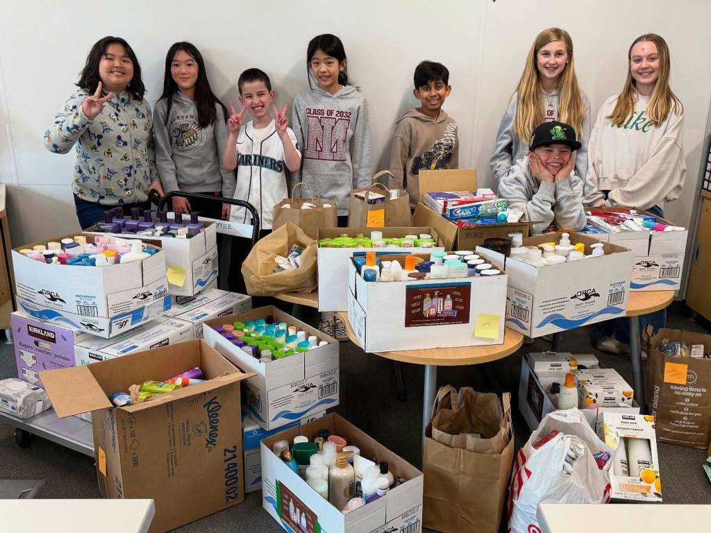 Northwood Elementary Schools student council-led donation drive for Marys Place collected 1,134 personal hygiene items. These donations will greatly support the important work of Marys Place, a nonprofit that runs three King County emergency family shelters. Northwood instructional coach and student council adviser Ethan Glemaker provided guidance and support in this endeavor, which included vital help from Northwood students and families. Photo courtesy of the Mercer Island School District