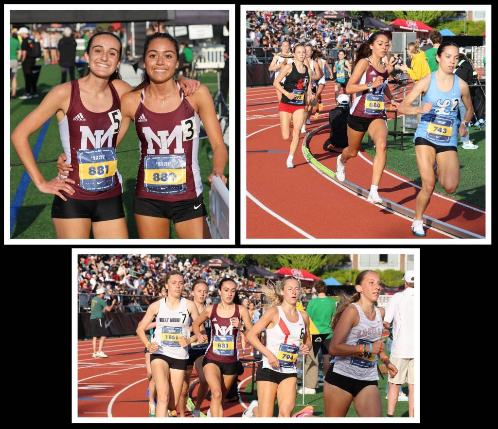 Mercer Island High Schools Victoria and Sophia Rodriquez (top left, left to right) competed in the Nike/Jesuit Twilight Relays on April 25 at Jesuit High School in Beaverton, Oregon. They both notched personal records in the 1,600-meter race, with sophomore Sophia, right top, taking third (4:44.32) and senior Victoria, bottom, taking sixth (4:48.63). They are ranked No. 1 and No. 2, respectively, in the state 3A for the 1,600 meters. Photos courtesy of Scott Knoblich