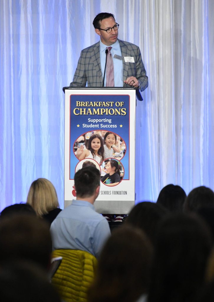 Mercer Island School District Superintendent Dr. Fred Rundle speaks at the Mercer Island Schools Foundations Breakfast of Champions fundraiser on April 29 at Mercer Island High School. Andy Nystrom/ staff photo