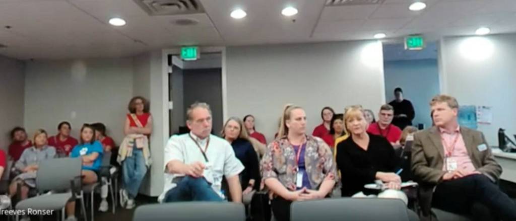 Attendees at the Mercer Island School Board meeting April 24. (Screenshot)