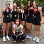 Mercer Island High School tennis players, from left to right: Senior Rachel Garton, sophomore Sarah Garton, freshman Caitlynn Ying, junior Mia Kinney, sophomore Jayne Tintle, and front row with 3A KingCo tournament championship trophy: sophomore Audrey Tintle. Courtesy photo