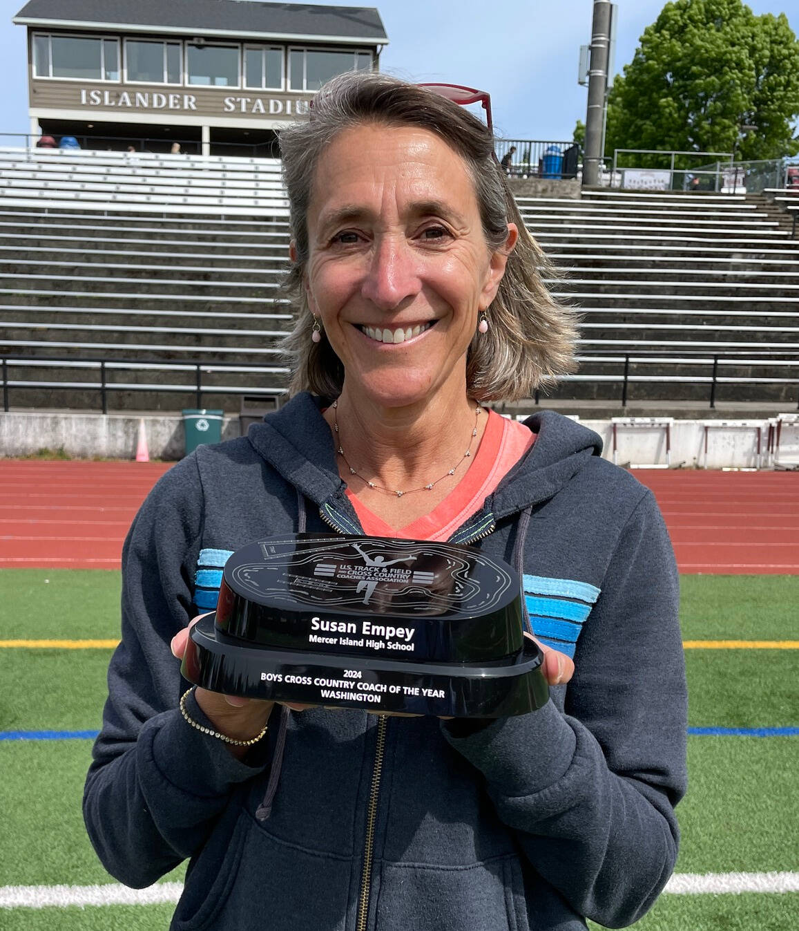 The U.S. Track & Field and Cross Country Coaches Association has named Mercer Island High School cross country head coach Susan Empey as its 2024 Washington Boys Cross Country Coach of the Year. Photo courtesy of the Mercer Island School District