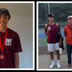 From left, Mercer Island High School tennis players Joe DeGracia and Gian Manhas/Nolan Bang with head coach Ron Akins. Courtesy photos
