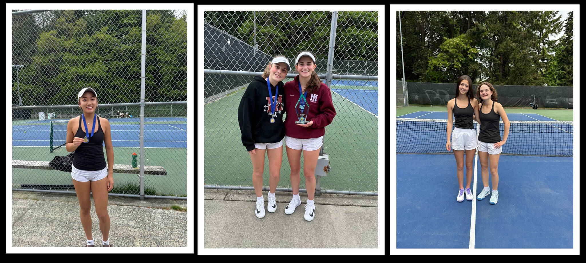 From left, Mercer Island High School tennis players Caitlyn Ying, Rachel Garton/Sarah Garton and Mia Kinney/Jayne Tintle. Courtesy photos