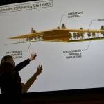 Mercer Island City Manager Jessi Bon points to a preliminary Public Safety and Maintenance Facility site layout during her presentation on May 20 at the Rotary Club of Mercer Islands meeting. Andy Nystrom/ staff photo