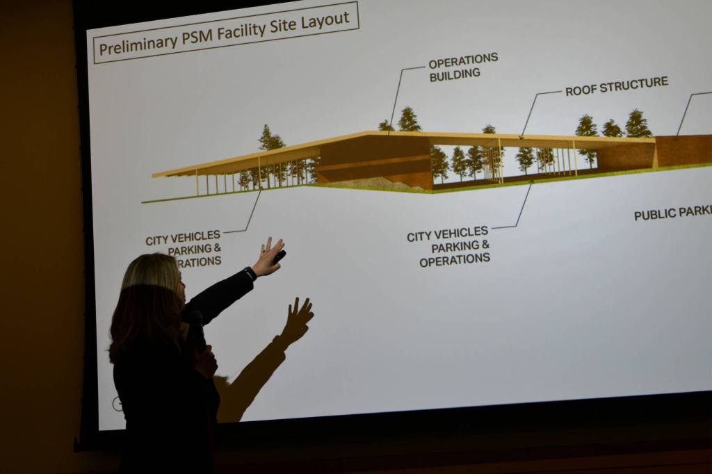 Mercer Island City Manager Jessi Bon points to a preliminary Public Safety and Maintenance Facility site layout during her presentation on May 20 at the Rotary Club of Mercer Islands meeting. Andy Nystrom/ staff photo