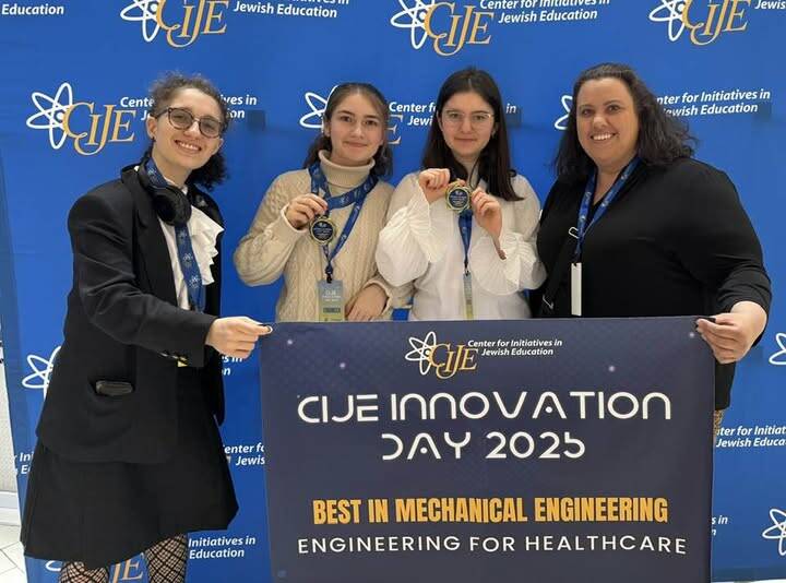 Left to right: Northwest Yeshiva High School juniors Sil Mostov, Elizabeth Gabbay and Avital Aronov along with STEM team director and Mercer Island resident Ariela DeFunis. Courtesy photo