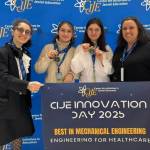 Left to right: Northwest Yeshiva High School juniors Sil Mostov, Elizabeth Gabbay and Avital Aronov along with STEM team director and Mercer Island resident Ariela DeFunis. Courtesy photo