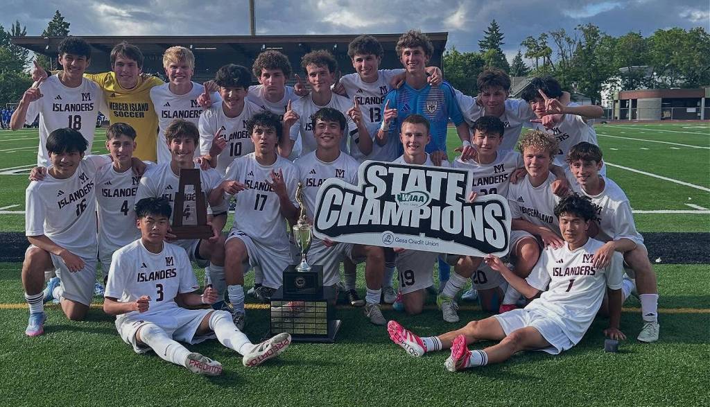 Mercer Island High Schools boys soccer team beat Shorewood High School, 3-2, to win the 3A state championship on May 31 at Sparks Stadium in Puyallup. MI received goals from Ben Park, Bridge Gerry and Tyler Shelton. Photo courtesy of the Mercer Island School District
