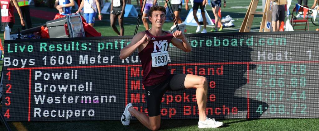 Mercer Island High Schools Owen Powell won both the 1,600 run and the 800 run at state. Both marks are meet records. Photo courtesy of Scott Knoblich