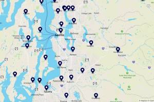 Map of some scheduled protests in the Puget Sound area. (Screenshot courtesy of nokings.org)