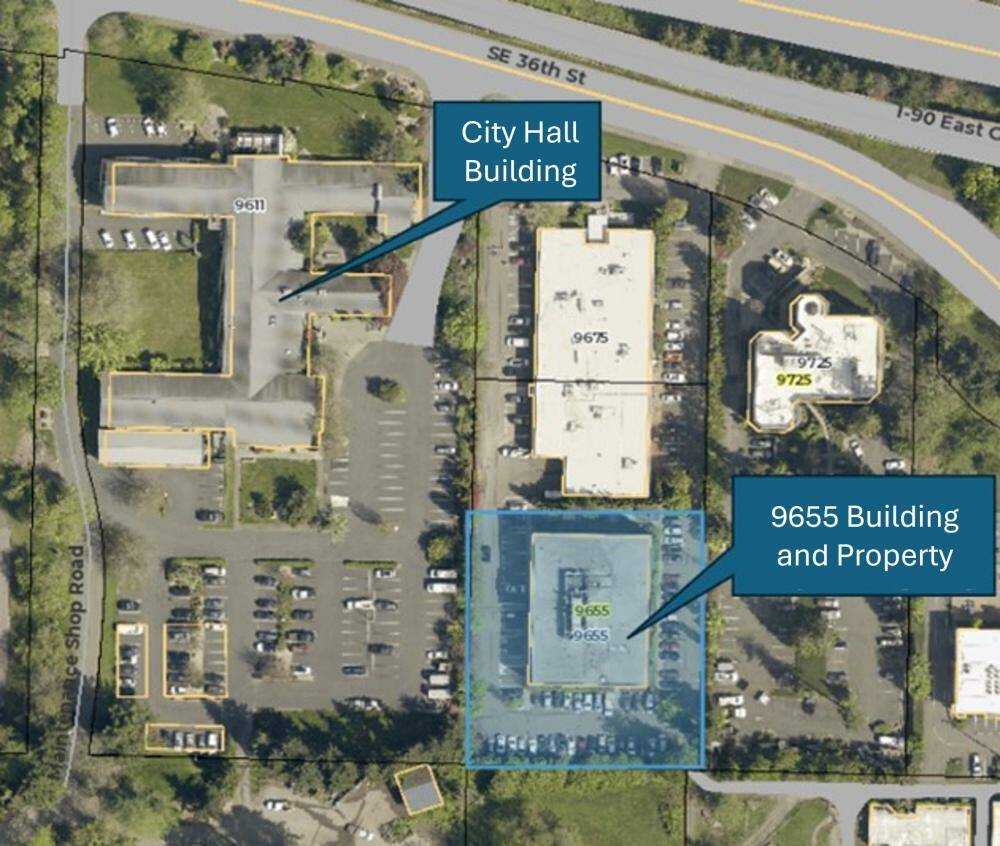 Mercer Island is planning to acquire a commercial office building at 9655 SE 36th St. The property shares a parcel with the building occupied by Mercer Island Pediatrics. Courtesy graphic