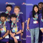 The Crazed Monkeys (left) and the Mean Green Beans (right). At left, from left to right: Bryan Hao, Irving Sun, Spencer Mi, Rishab Wishwas, Alfred Wang, Masa Uvelli and Mitchell Dudley. At right, from left to right: Sadie Kim, Sid Siravara (paper cutout), Steffi Kim, Aadyaa Singhal, Rilke Dalton and Jasmine Bandrio. Courtesy photos