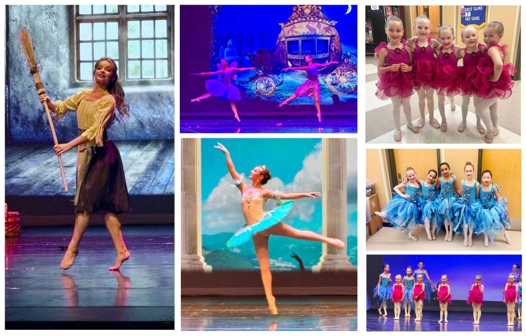 Pictured are: Cinderella (Isabella Sullivan) before and after her transformation; Cinderella and her Fairy Godmother (Petra Lanctot); Butterflies (left to right): Kenzie Vannatter, Anika Younggreen, Roop Walia, Quinn Laversegn and Hannah Chan; Roses (left to right): Scarlett Stangel, Brook Vannatter, Natalie Cahoon, Jillian Beeninga and Sky Vannatter; and Roses and Butterflies on stage. Courtesy photos