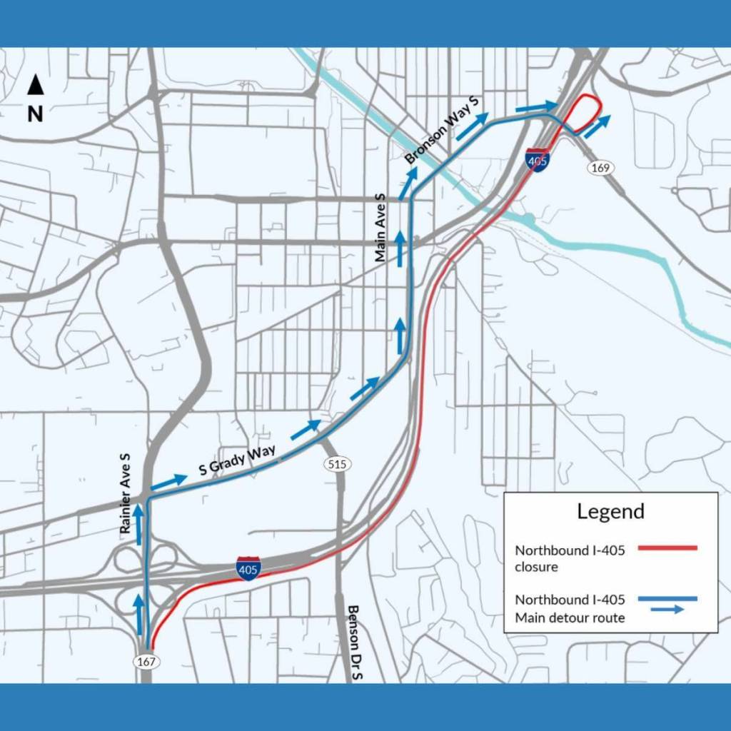 A signed detour route will divert northbound I-405 traffic through Renton. Photo provided by the city of Renton