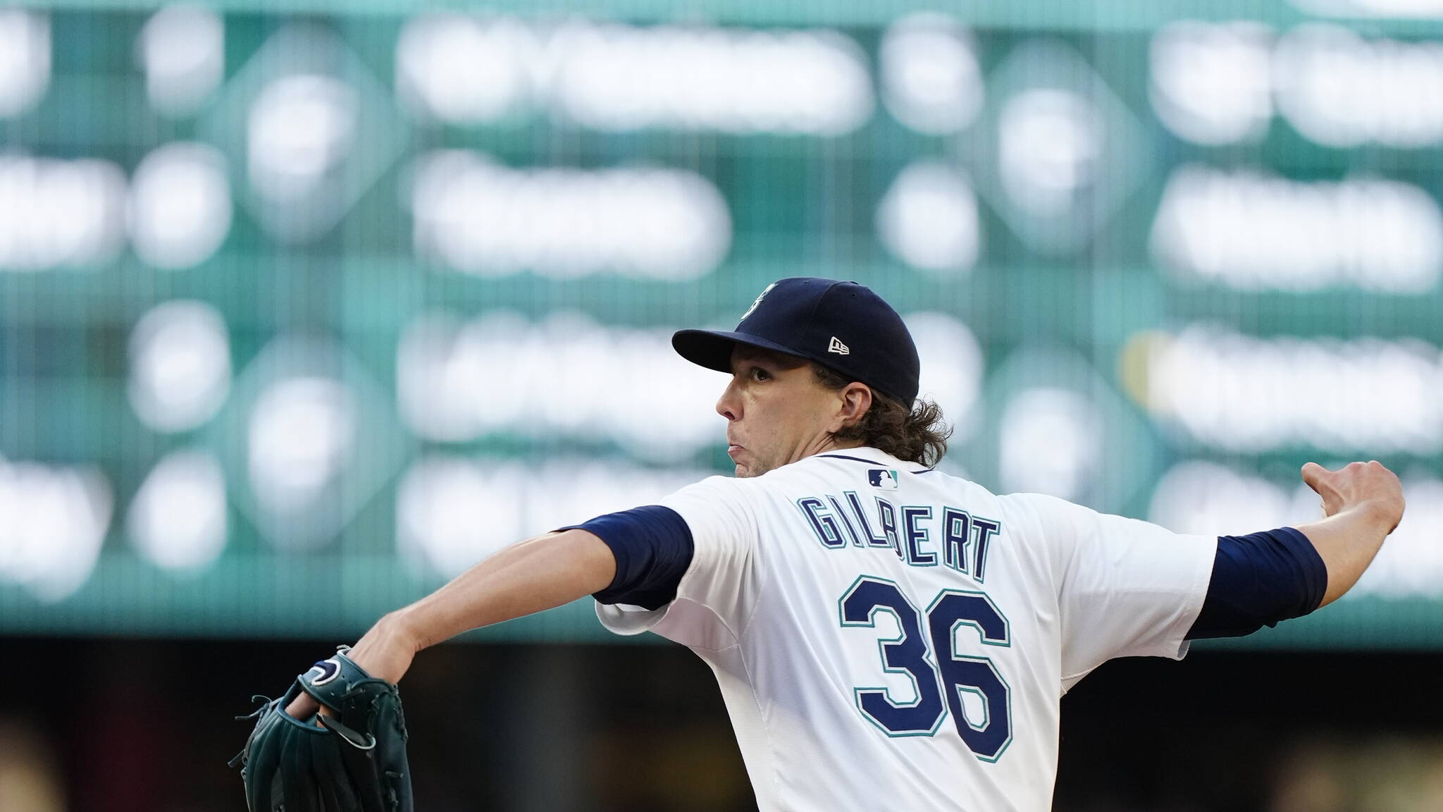Logan Gilbert pitching in the win against Milwaukee. Courtesy photo via Seattle Mariners.