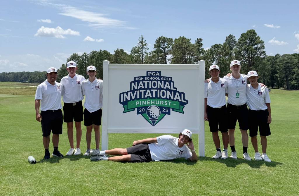Mercer Island High School boys golf assistant coach Ben Halter, Jack Besecker, Ryan Jacobson, Alex Harwood, Lucas Kornylo, head coach Nick Baker and Yijoon Seo. Courtesy photo