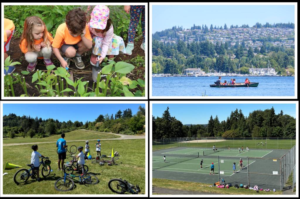 Kids have been spending their sunny summertime engaging in camp activities on Mercer Island. Pictured at top from left to right are Stroum Jewish Community Center Summer J Camp attendees getting in some gardening and boating. Bottom from left to right are Mercer Island Summer Camps participants riding and swinging at the Pedalheads and TGA tennis camps. Top photos courtesy of Martha Daniels, SJCC; bottom photos courtesy of the city of Mercer Island