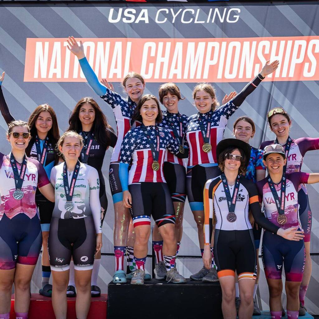 Charlotte Westover stands at the top right on the victory podium at the USA Cycling Junior Track National Championships on July 27 at the Jerry Baker Memorial Velodrome in Redmond. Photo courtesy of Tory Hernandez (@evrgrnphoto)